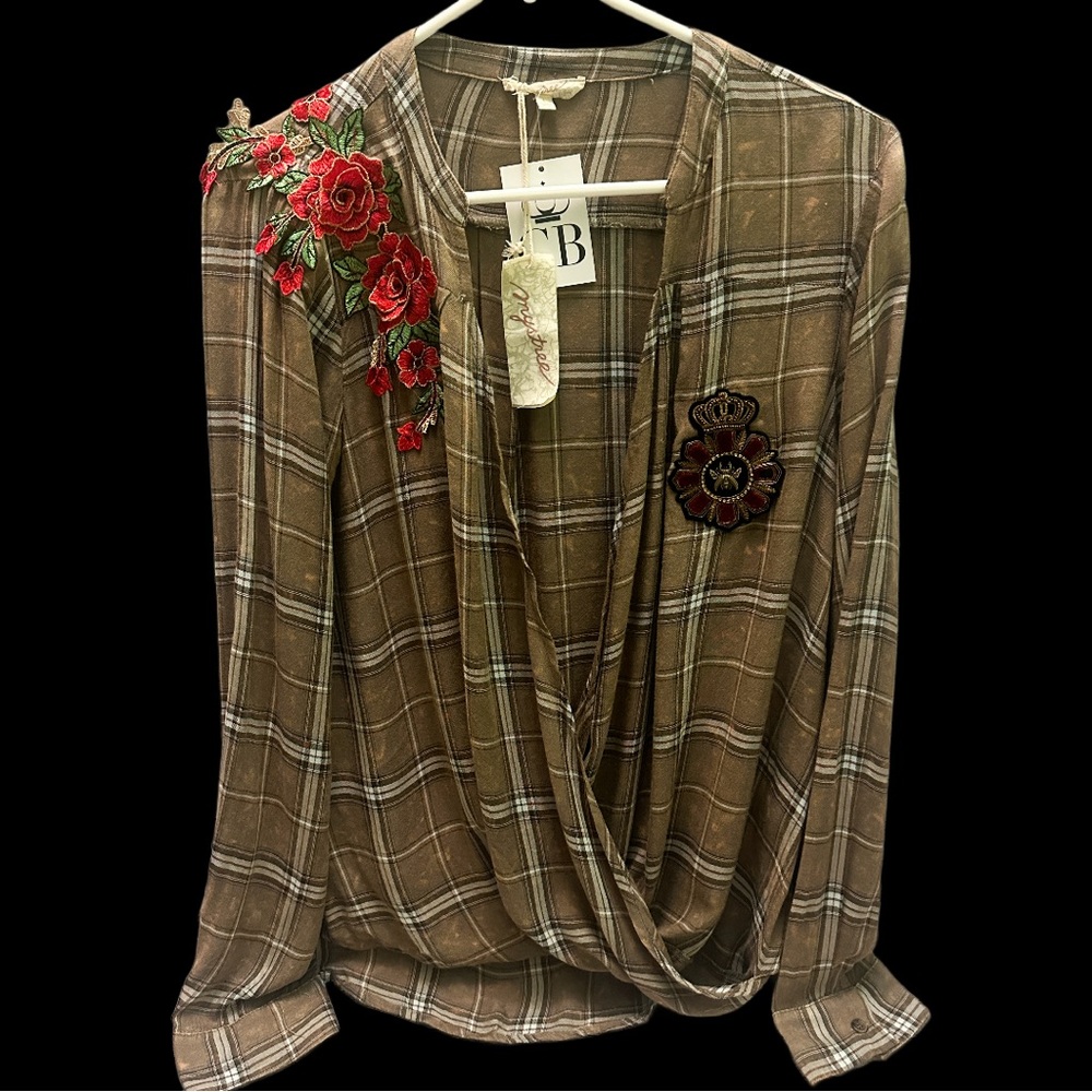 Mystree Brown Plaid Blouse with Red Floral Embroidery L